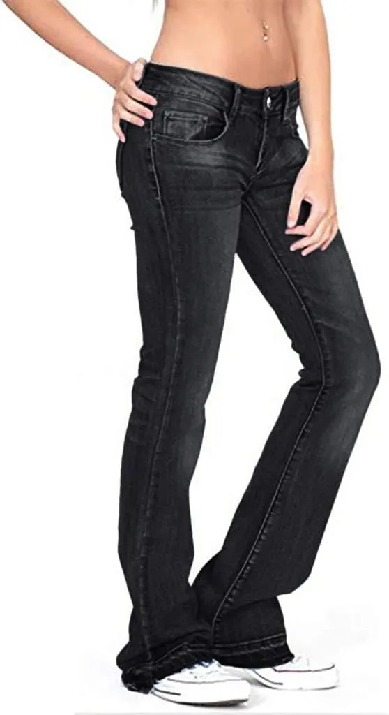 Casual Boot Cut Flared Jeans Pants for Women Low-Rise Wide Leg Bell Bottom Stacked Denim Trousers with Pockets XS-4XL