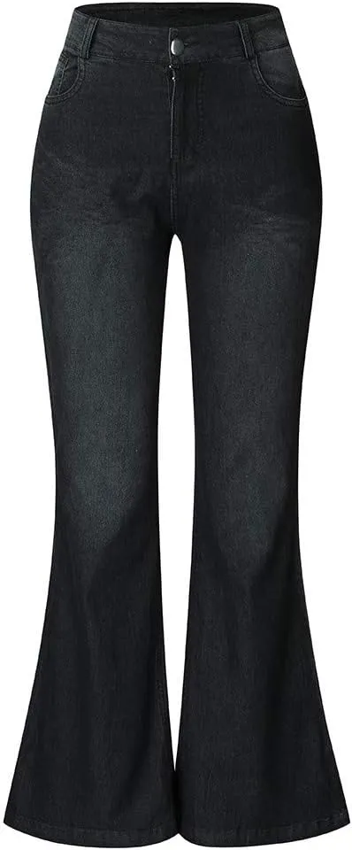 Casual Boot Cut Flared Jeans Pants for Women Low-Rise Wide Leg Bell Bottom Stacked Denim Trousers with Pockets XS-4XL