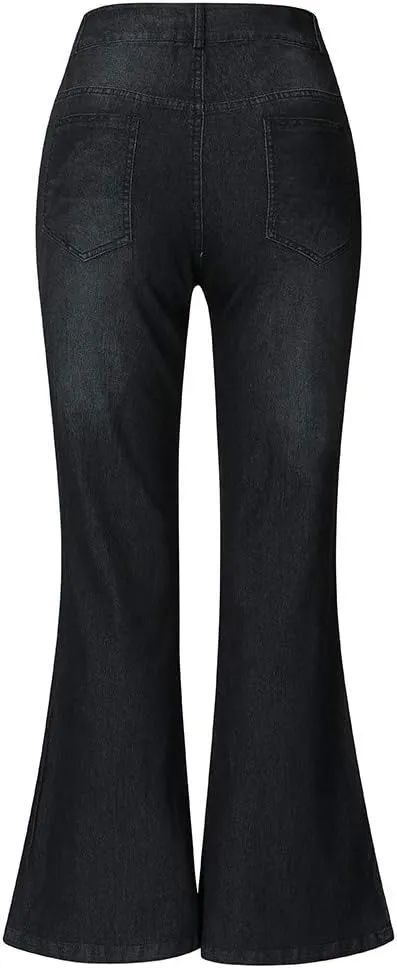 Casual Boot Cut Flared Jeans Pants for Women Low-Rise Wide Leg Bell Bottom Stacked Denim Trousers with Pockets XS-4XL
