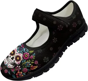 chaqlin Skull Tennis Shoes Mesh Mary Jane Flats for Women Comfortable Work Office Slip On Dress Shoe Lightweight Walking Sneaker