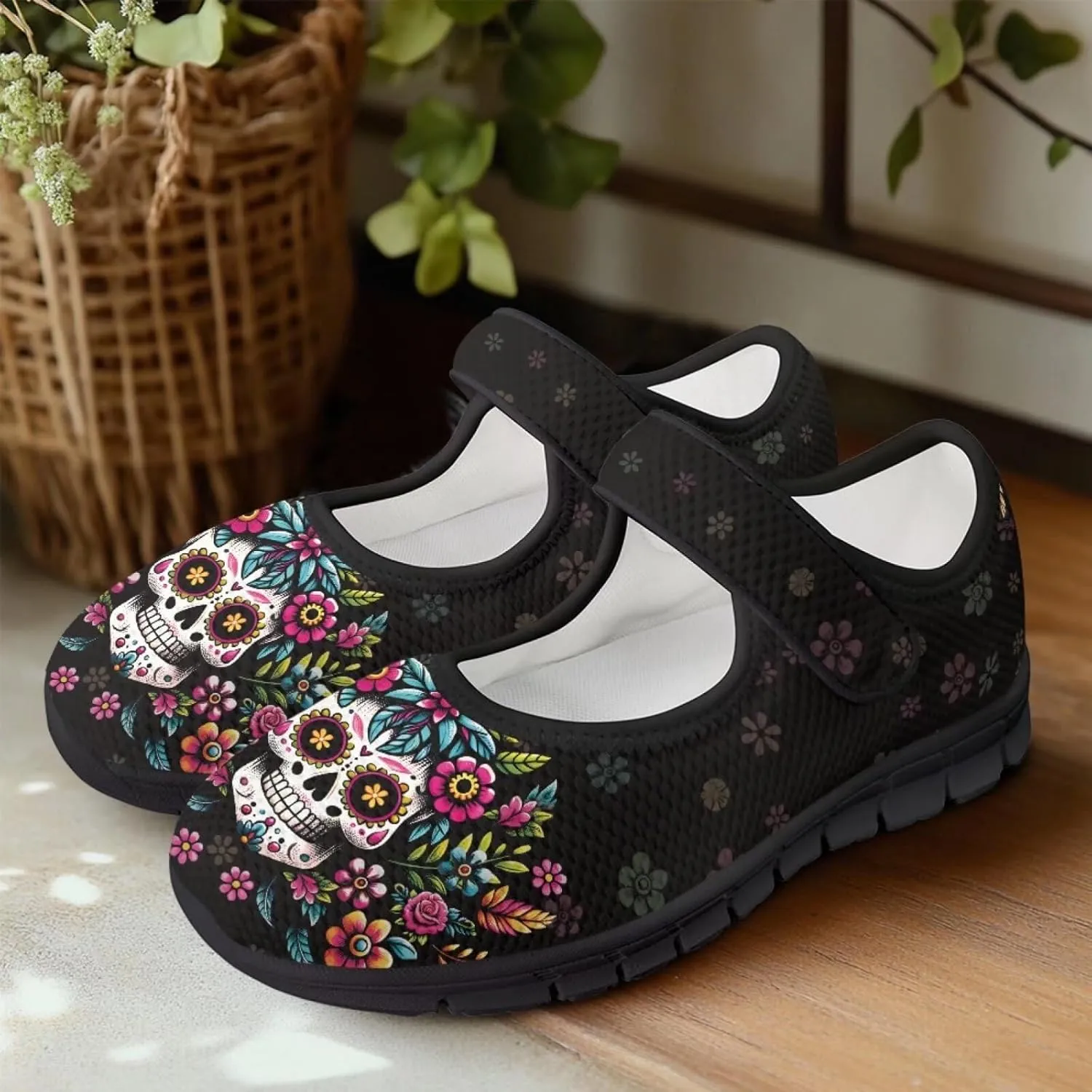 chaqlin Skull Tennis Shoes Mesh Mary Jane Flats for Women Comfortable Work Office Slip On Dress Shoe Lightweight Walking Sneaker