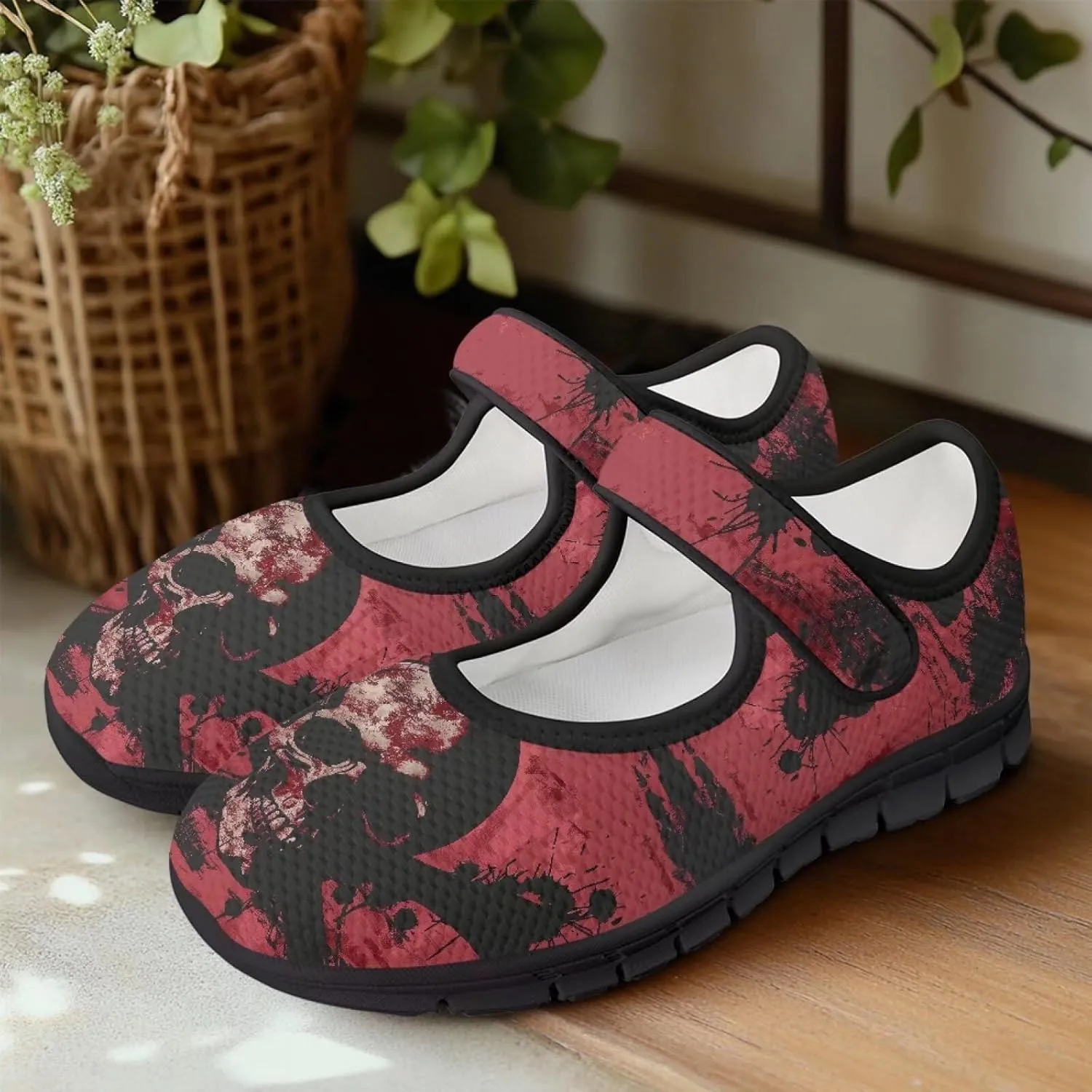 chaqlin Skull Tennis Shoes Mesh Mary Jane Flats for Women Comfortable Work Office Slip On Dress Shoe Lightweight Walking Sneaker