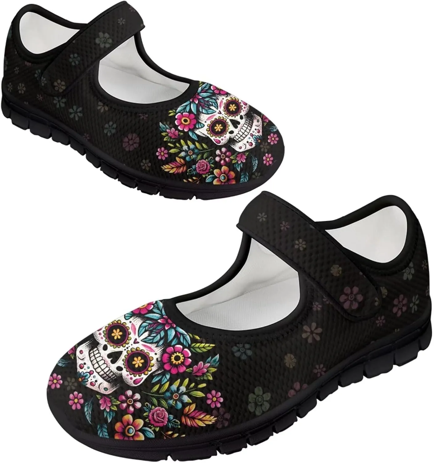 chaqlin Skull Tennis Shoes Mesh Mary Jane Flats for Women Comfortable Work Office Slip On Dress Shoe Lightweight Walking Sneaker