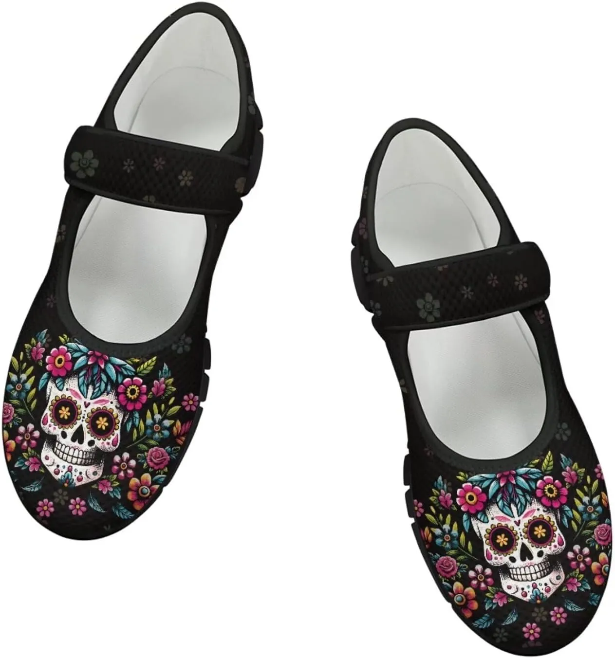 chaqlin Skull Tennis Shoes Mesh Mary Jane Flats for Women Comfortable Work Office Slip On Dress Shoe Lightweight Walking Sneaker