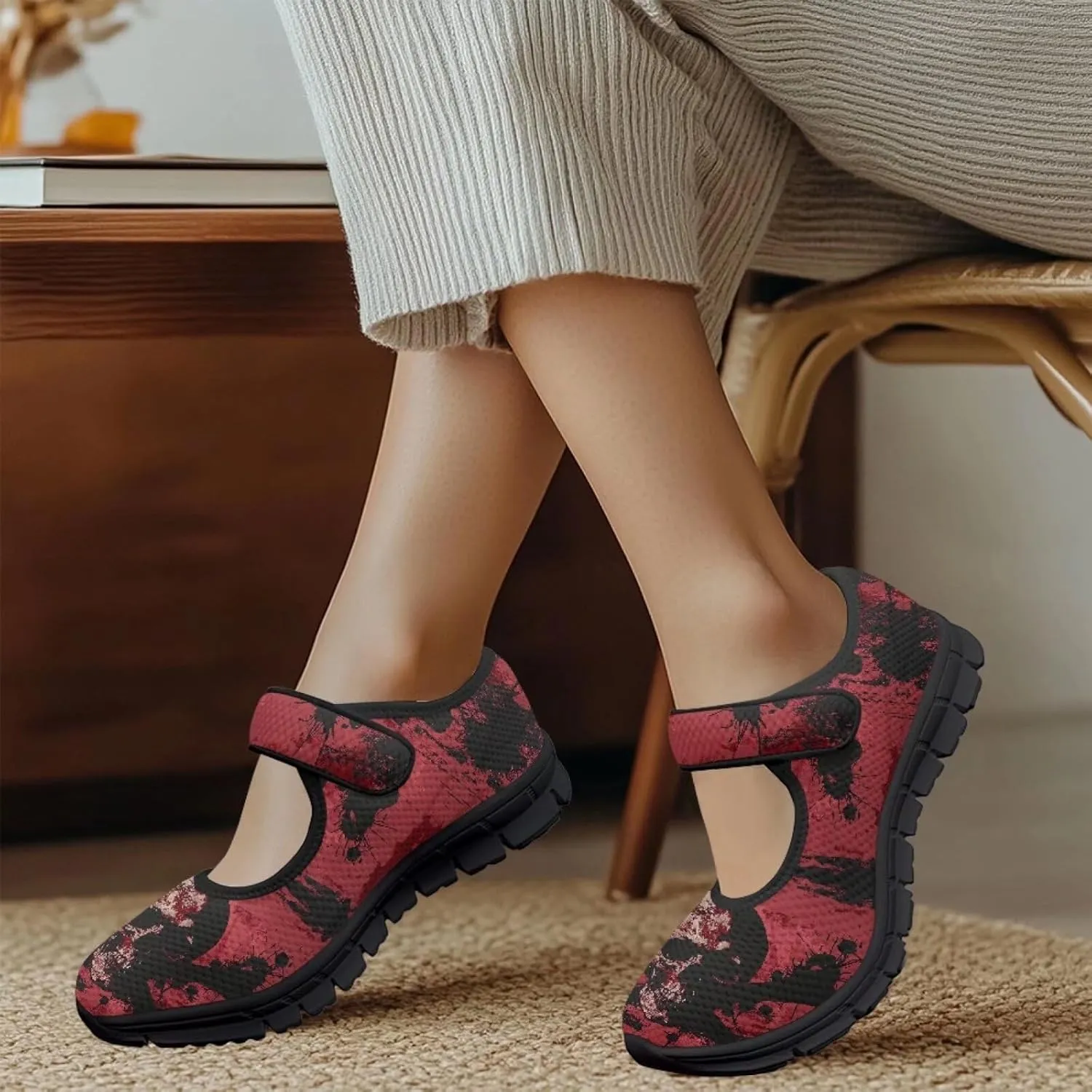 chaqlin Skull Tennis Shoes Mesh Mary Jane Flats for Women Comfortable Work Office Slip On Dress Shoe Lightweight Walking Sneaker