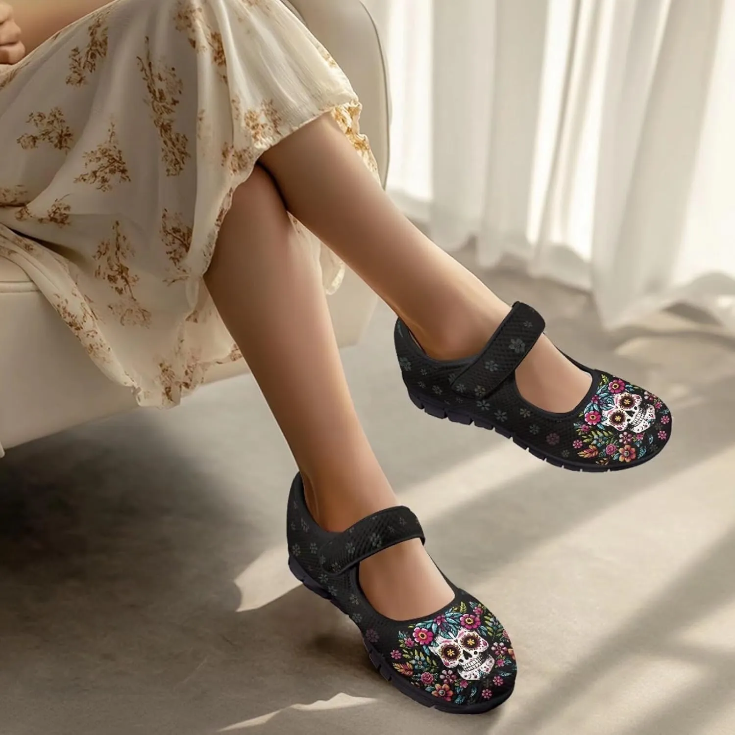 chaqlin Skull Tennis Shoes Mesh Mary Jane Flats for Women Comfortable Work Office Slip On Dress Shoe Lightweight Walking Sneaker