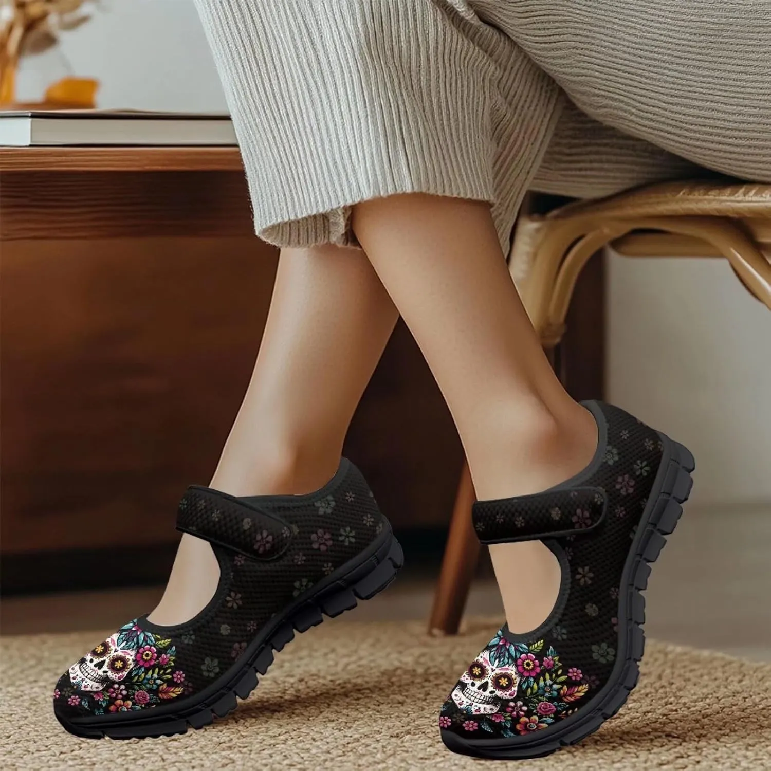chaqlin Skull Tennis Shoes Mesh Mary Jane Flats for Women Comfortable Work Office Slip On Dress Shoe Lightweight Walking Sneaker