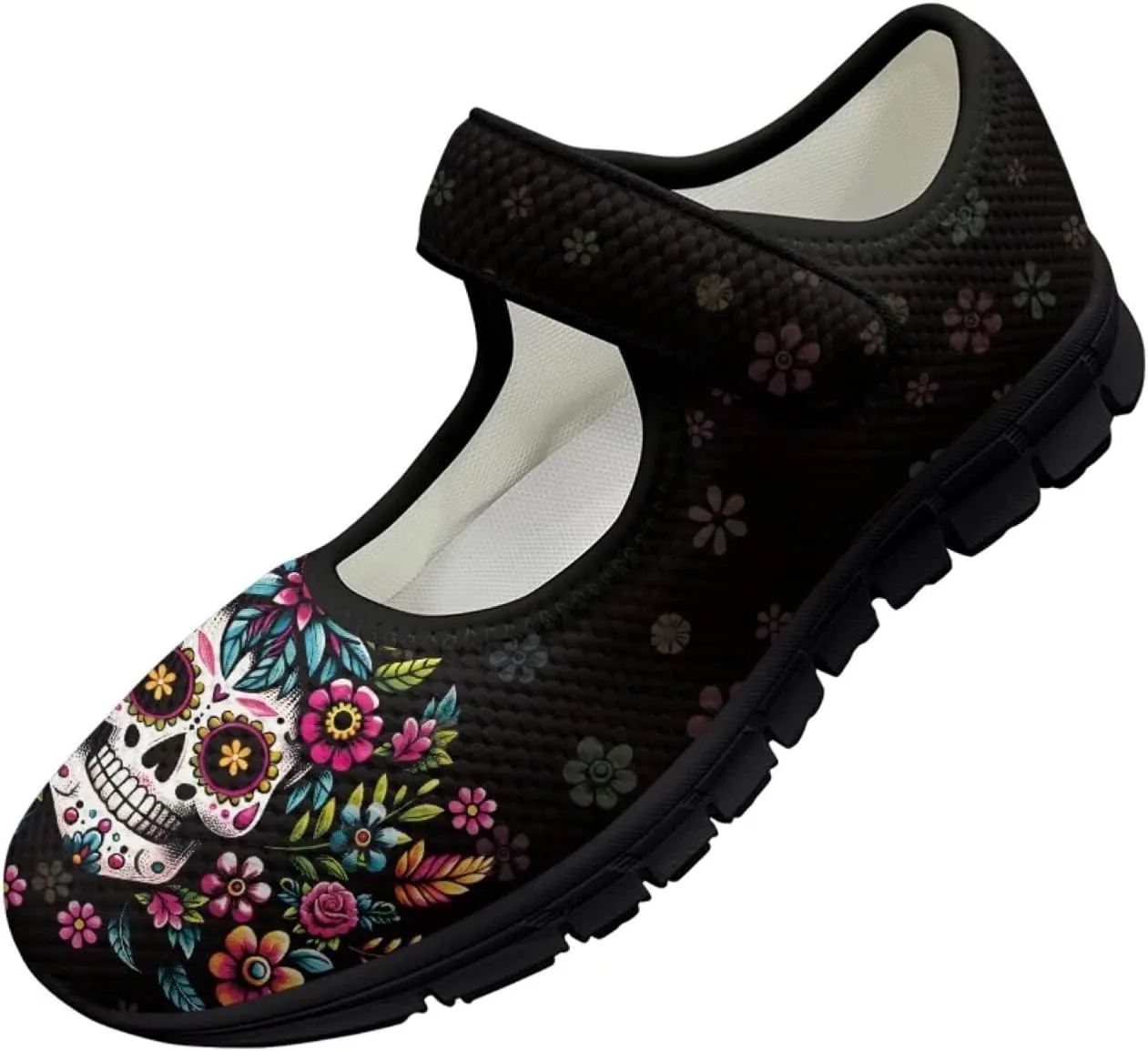 chaqlin Skull Tennis Shoes Mesh Mary Jane Flats for Women Comfortable Work Office Slip On Dress Shoe Lightweight Walking Sneaker