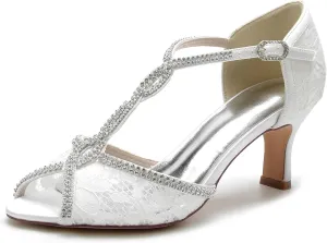 COMFASH 6.5Cm Bridal Wedding Shoes Women's Silk Like Satin Stiletto Heel Peep Toe Girl's Glitter Strappy Ankle T Strap Kitten Heel Sandal