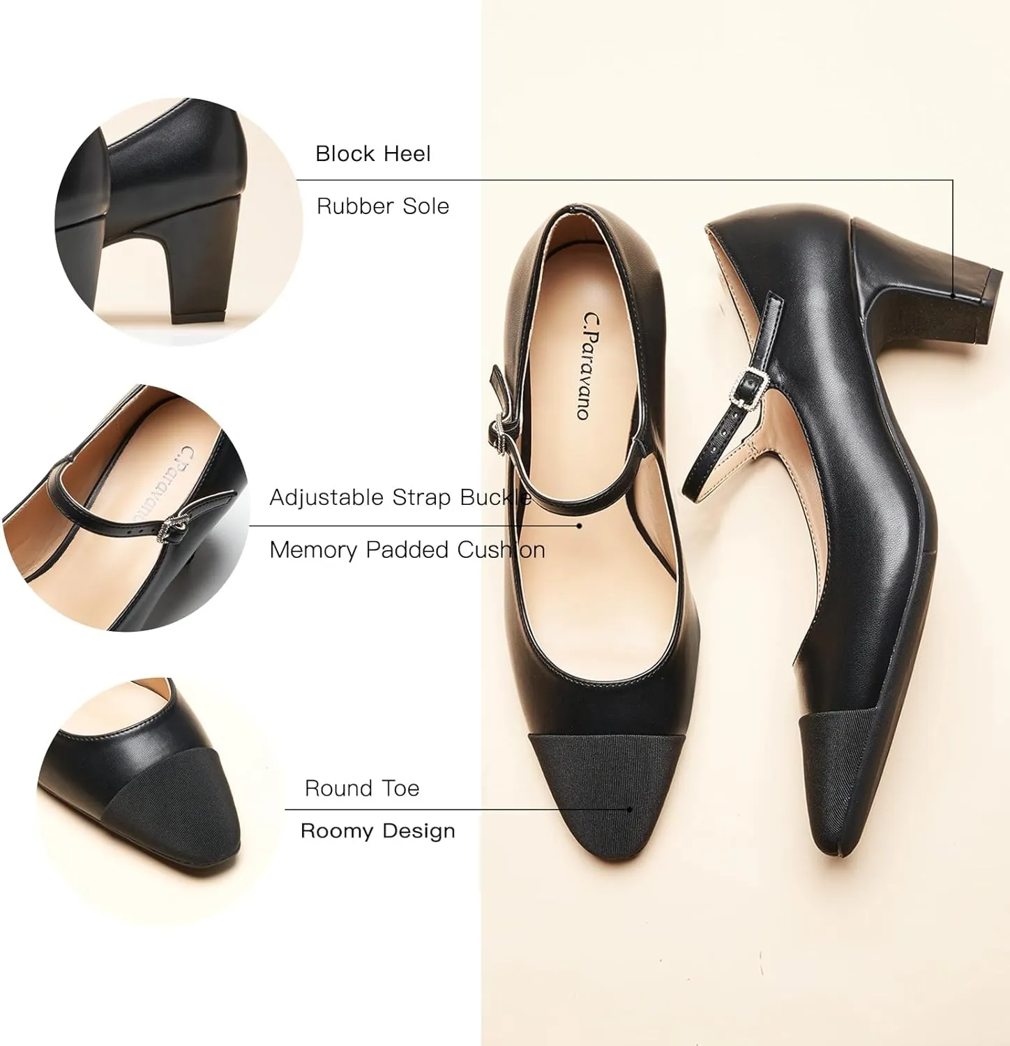 C.Paravano Women 's Pumps Mary Jane Heels Closed Round Toe Low Chunky Heels Adjustable Strap Fashion Dress Shoes