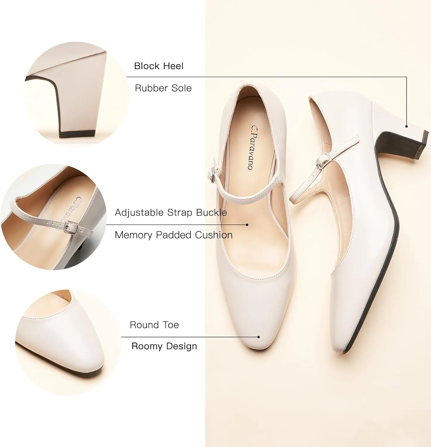 C.Paravano Women 's Pumps Mary Jane Heels Closed Round Toe Low Chunky Heels Adjustable Strap Fashion Dress Shoes