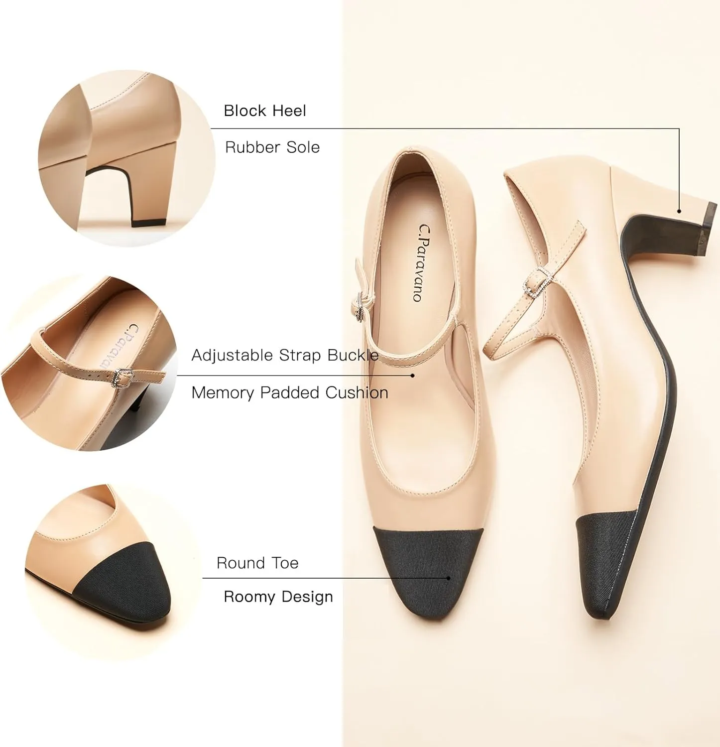 C.Paravano Women 's Pumps Mary Jane Heels Closed Round Toe Low Chunky Heels Adjustable Strap Fashion Dress Shoes
