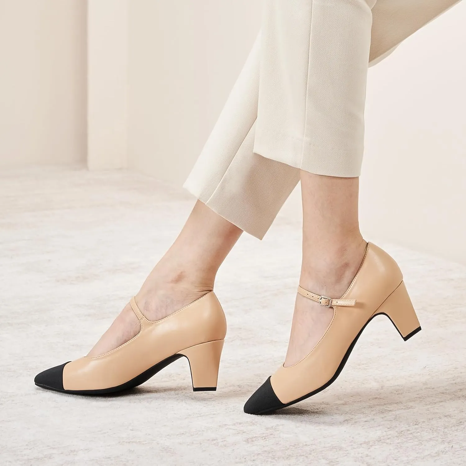 C.Paravano Women 's Pumps Mary Jane Heels Closed Round Toe Low Chunky Heels Adjustable Strap Fashion Dress Shoes