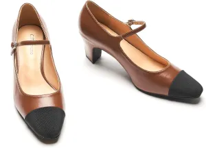 C.Paravano Women 's Pumps Mary Jane Heels Closed Round Toe Low Chunky Heels Adjustable Strap Fashion Dress Shoes