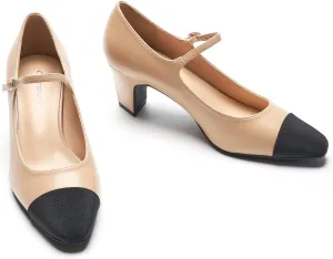 C.Paravano Women 's Pumps Mary Jane Heels Closed Round Toe Low Chunky Heels Adjustable Strap Fashion Dress Shoes