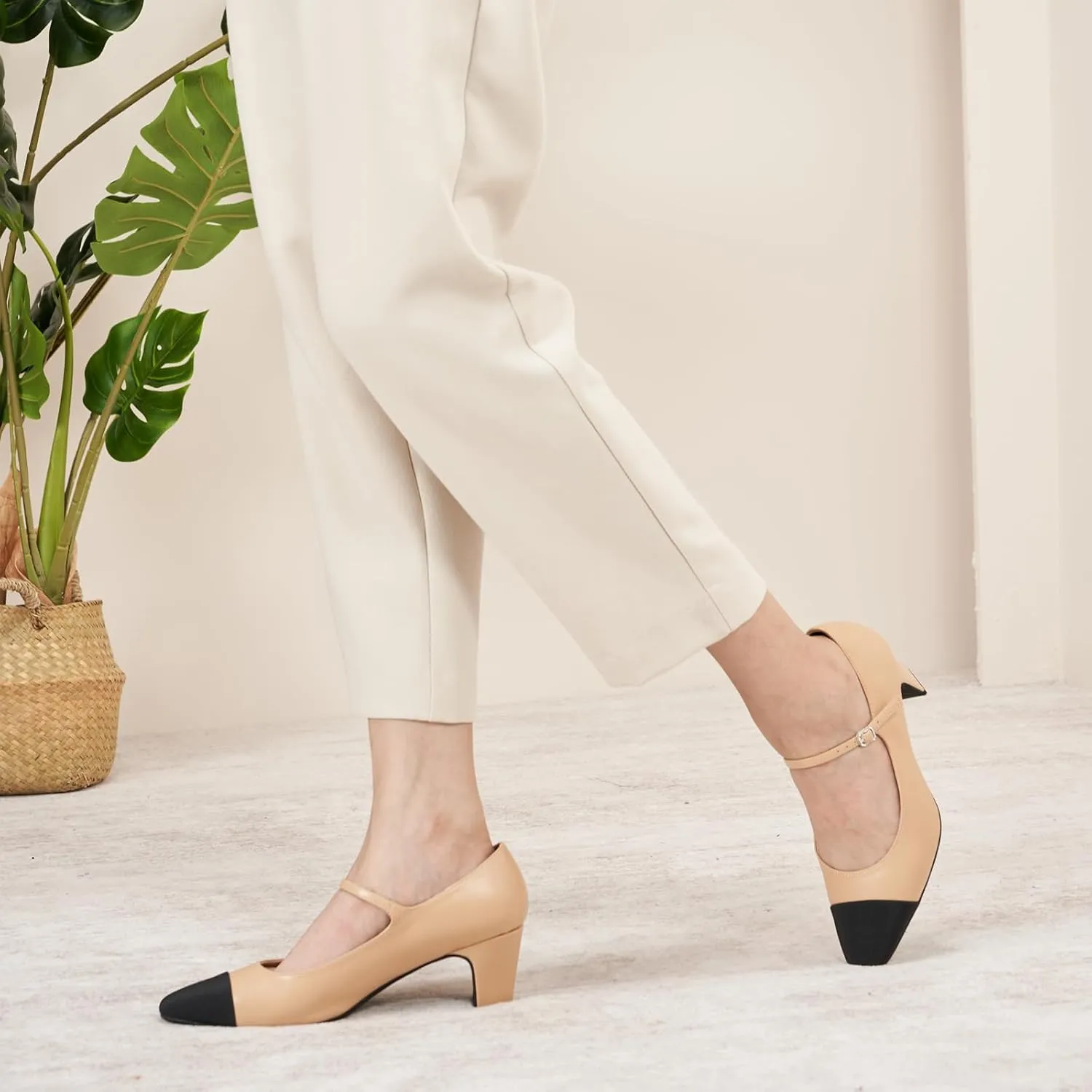 C.Paravano Women 's Pumps Mary Jane Heels Closed Round Toe Low Chunky Heels Adjustable Strap Fashion Dress Shoes