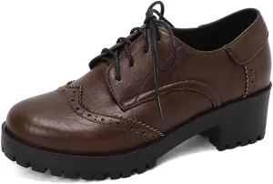 Elbslutt Women's Vintage Oxford Shoes Perforated Lace-up Round Toe Chunky Block Heel Brogues Shoes Platform Casual Comfort Work Office Dressy Business Oxfords for Girls Ladies Women