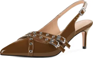 Eldof Women Slingback Heels Buckle Strap Pointed Toe Slip On Kitten Heel Pumps Shoes Dressy Studded Eyelet 2.5 Inches