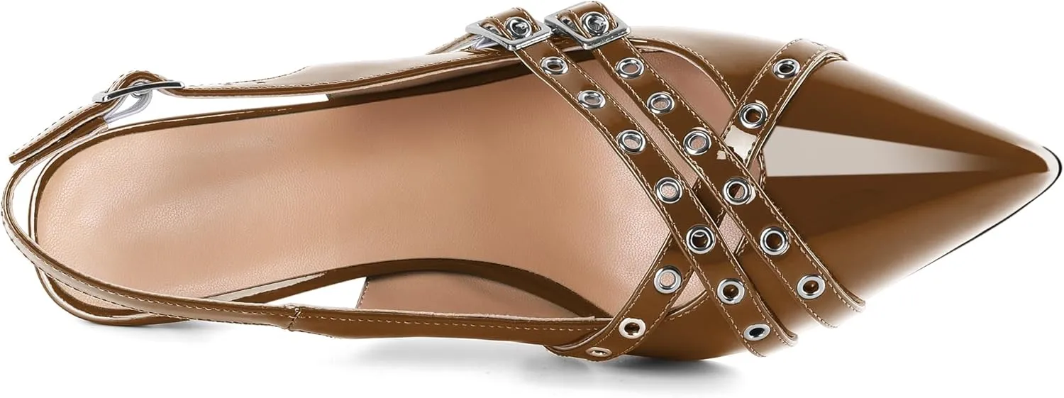 Eldof Women Slingback Heels Buckle Strap Pointed Toe Slip On Kitten Heel Pumps Shoes Dressy Studded Eyelet 2.5 Inches