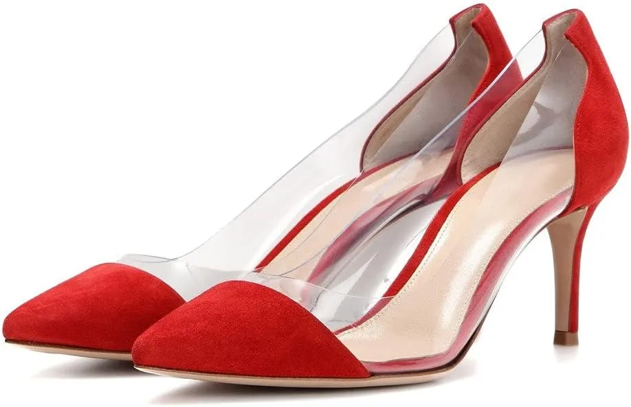 Eldof Women's Stilettos Pumps Pointed Toe Clear Transparent PVC Vamp High Heels Slip on 3 Inch Wedding Dressy Work Shoes