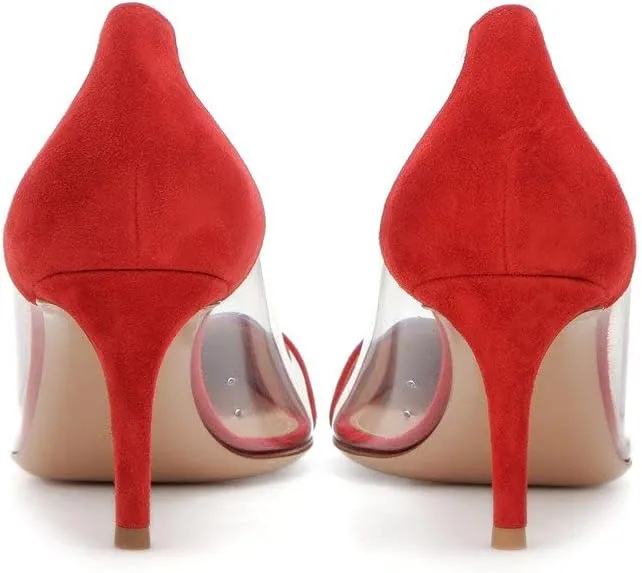 Eldof Women's Stilettos Pumps Pointed Toe Clear Transparent PVC Vamp High Heels Slip on 3 Inch Wedding Dressy Work Shoes