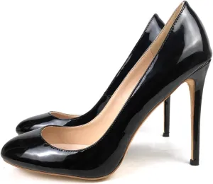 Elegant Women's High Heels Round Toe Stilettos Pumps Low Cut Toe Cleavage Style Black Patent Leather Ladies Party & Office Work Footwear