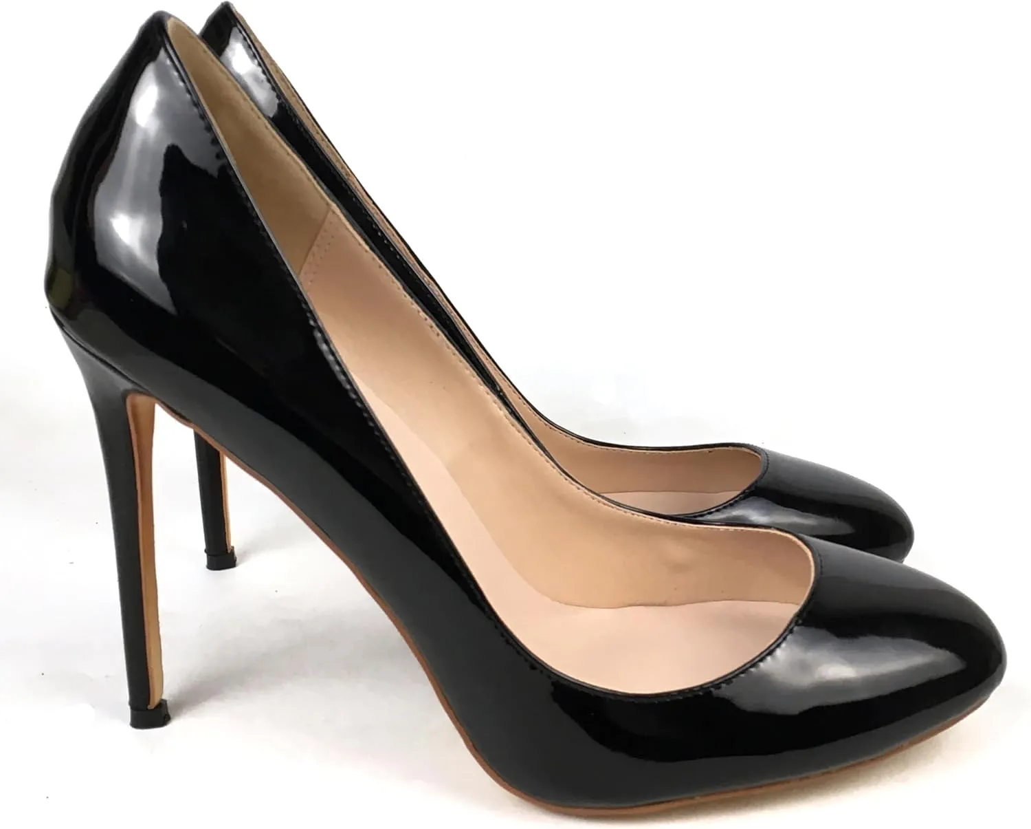Elegant Women's High Heels Round Toe Stilettos Pumps Low Cut Toe Cleavage Style Black Patent Leather Ladies Party & Office Work Footwear