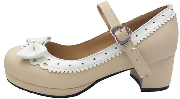 ELFY Women's Cute Lolita Cosplay Shoes Bow Mid Chunky Heel Mary Jane Pumps