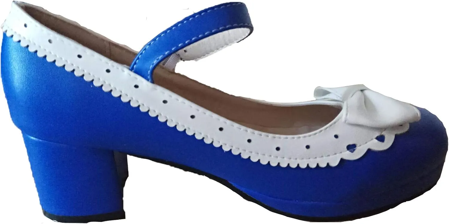 ELFY Women's Cute Lolita Cosplay Shoes Bow Mid Chunky Heel Mary Jane Pumps