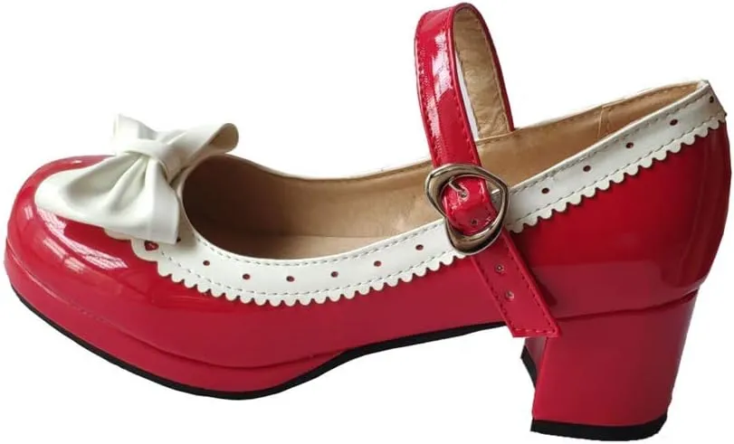 ELFY Women's Cute Lolita Cosplay Shoes Bow Mid Chunky Heel Mary Jane Pumps