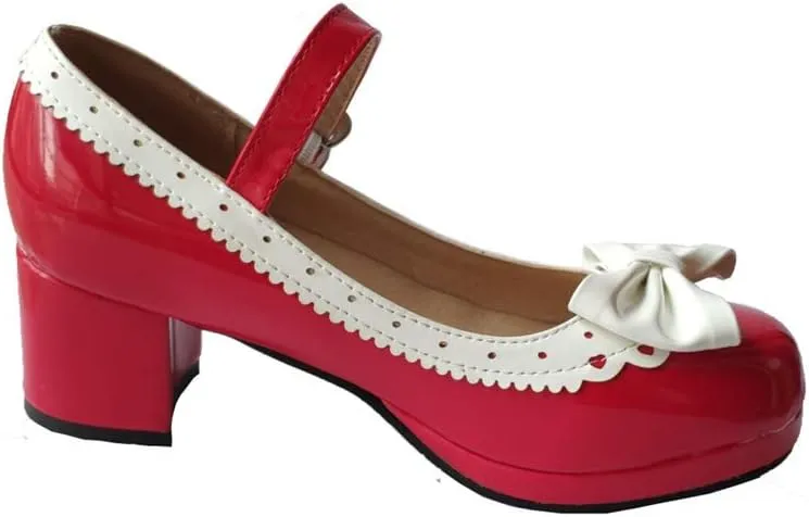ELFY Women's Cute Lolita Cosplay Shoes Bow Mid Chunky Heel Mary Jane Pumps