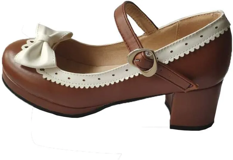 ELFY Women's Cute Lolita Cosplay Shoes Bow Mid Chunky Heel Mary Jane Pumps