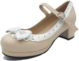 ELFY Women's Cute Lolita Cosplay Shoes Bow Mid Chunky Heel Mary Jane Pumps