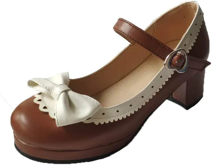 ELFY Women's Cute Lolita Cosplay Shoes Bow Mid Chunky Heel Mary Jane Pumps