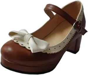 ELFY Women's Cute Lolita Cosplay Shoes Bow Mid Chunky Heel Mary Jane Pumps