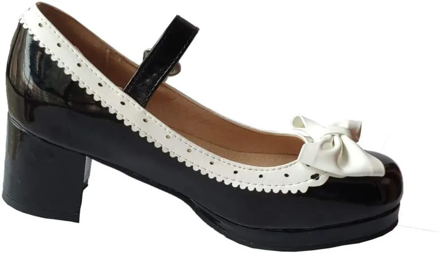 ELFY Women's Cute Lolita Cosplay Shoes Bow Mid Chunky Heel Mary Jane Pumps