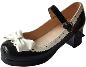 ELFY Women's Cute Lolita Cosplay Shoes Bow Mid Chunky Heel Mary Jane Pumps