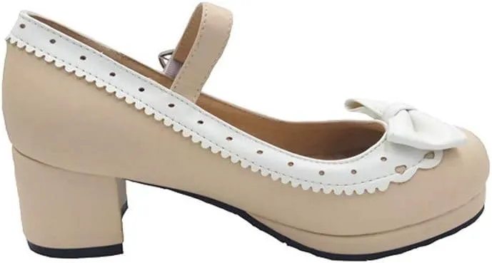 ELFY Women's Cute Lolita Cosplay Shoes Bow Mid Chunky Heel Mary Jane Pumps