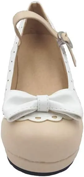 ELFY Women's Cute Lolita Cosplay Shoes Bow Mid Chunky Heel Mary Jane Pumps