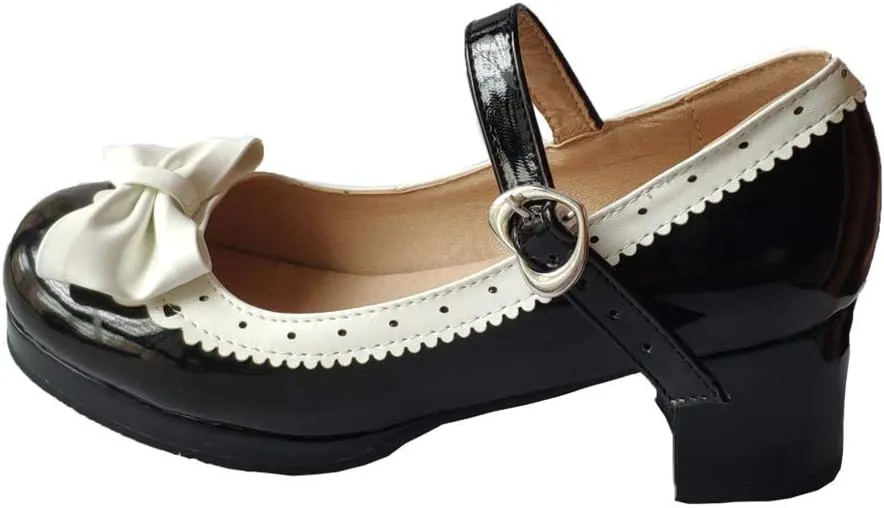ELFY Women's Cute Lolita Cosplay Shoes Bow Mid Chunky Heel Mary Jane Pumps