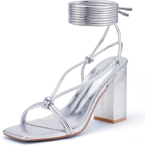 Elisabet Tang Women's Strappy Chunky Heels Sandals, Lace Up 3 inch Low Block Heels Ankle Wrap Heel Square Open Toe Tie Up Heeled Sandals Shoes Silver Size 8.5