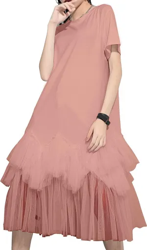 ellazhu Women's Casual Short Sleeve Crew Neck Tutu Tulle Dress with an Oversized Fit GY2266