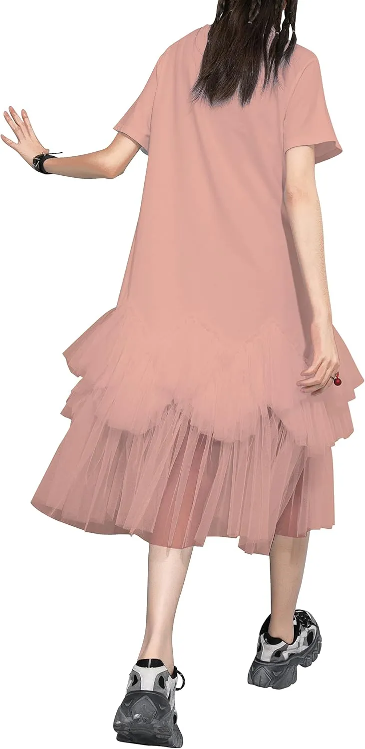 ellazhu Women's Casual Short Sleeve Crew Neck Tutu Tulle Dress with an Oversized Fit GY2266