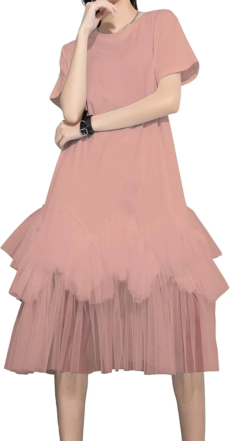 ellazhu Women's Casual Short Sleeve Crew Neck Tutu Tulle Dress with an Oversized Fit GY2266