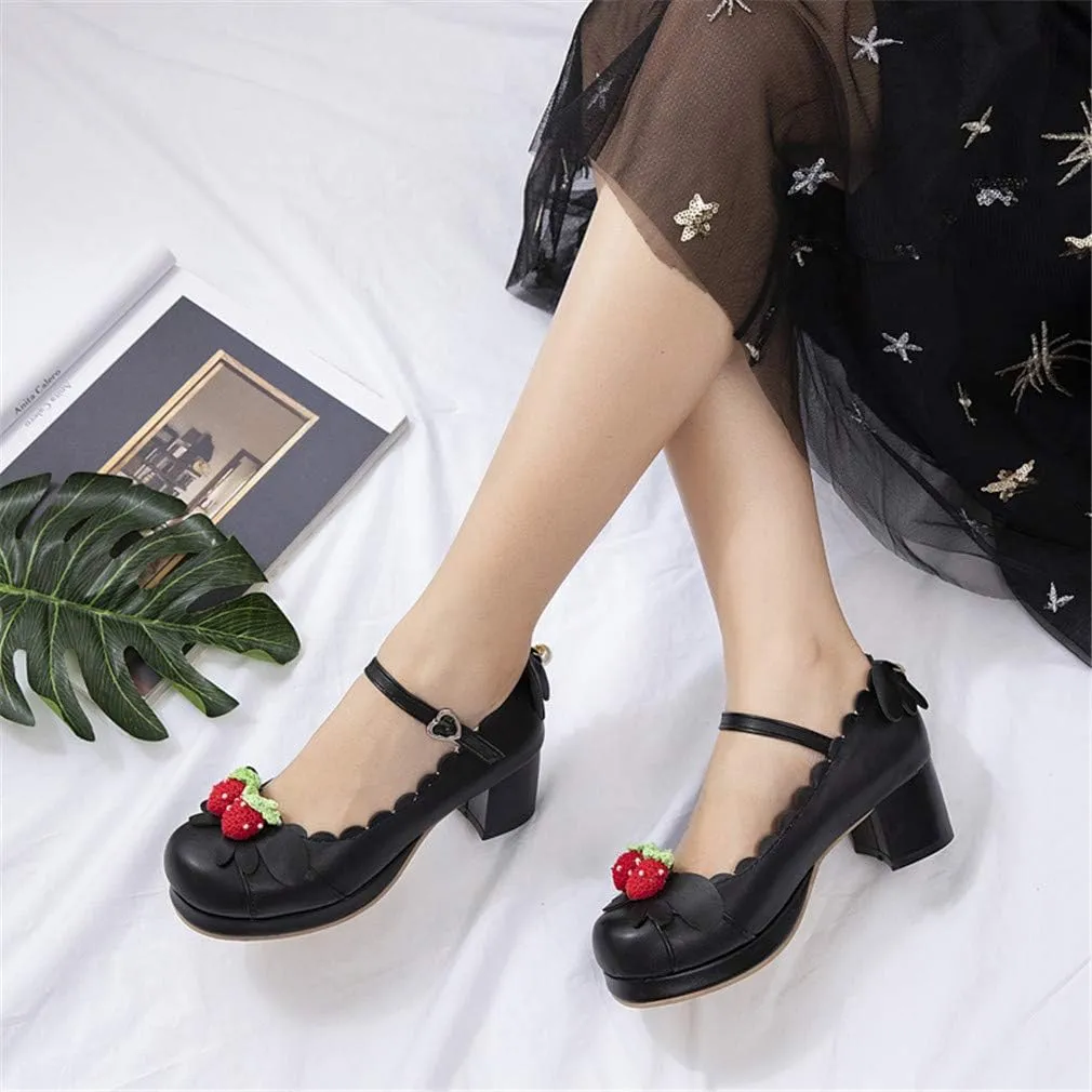 Elyffany Women's Cute Lolita Cosplay Shoes Mid Chunky Heel Mary Jane Pumps