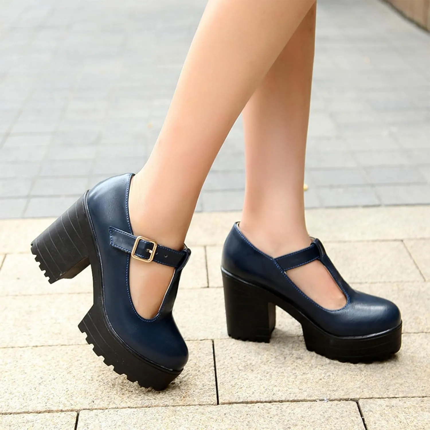 Ephirebra Women's Platform Chunky Heel Mary Jane Shoes Ankle Buckle Strap Round Toe High Heels Comfort Non-Slip Outdoor Princess Shoes Dress Shoes