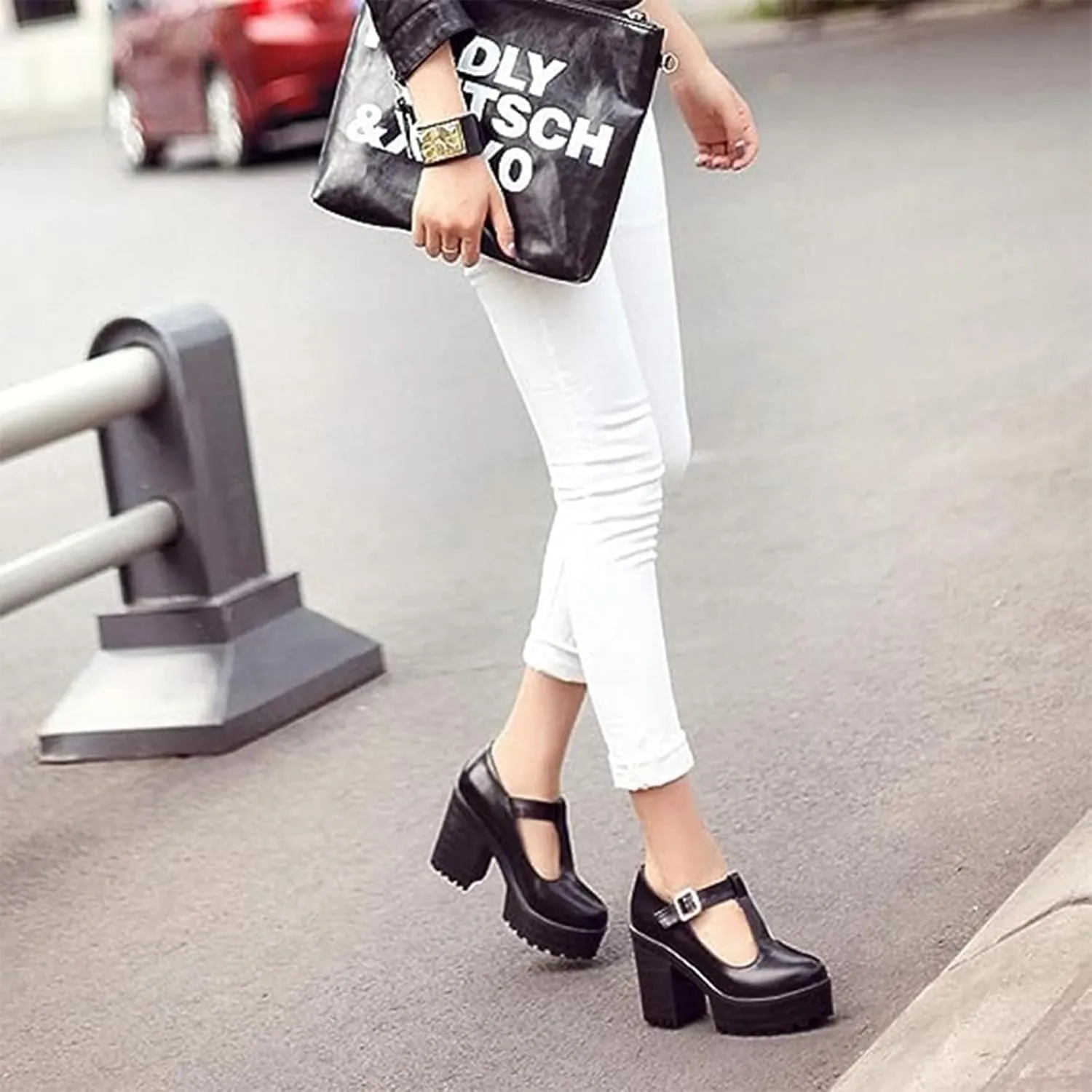 Ephirebra Women's Platform Chunky Heel Mary Jane Shoes Ankle Buckle Strap Round Toe High Heels Comfort Non-Slip Outdoor Princess Shoes Dress Shoes