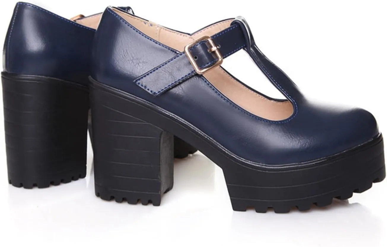 Ephirebra Women's Platform Chunky Heel Mary Jane Shoes Ankle Buckle Strap Round Toe High Heels Comfort Non-Slip Outdoor Princess Shoes Dress Shoes
