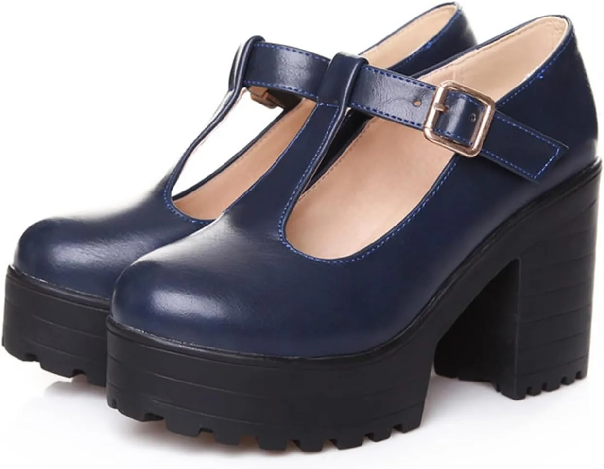 Ephirebra Women's Platform Chunky Heel Mary Jane Shoes Ankle Buckle Strap Round Toe High Heels Comfort Non-Slip Outdoor Princess Shoes Dress Shoes