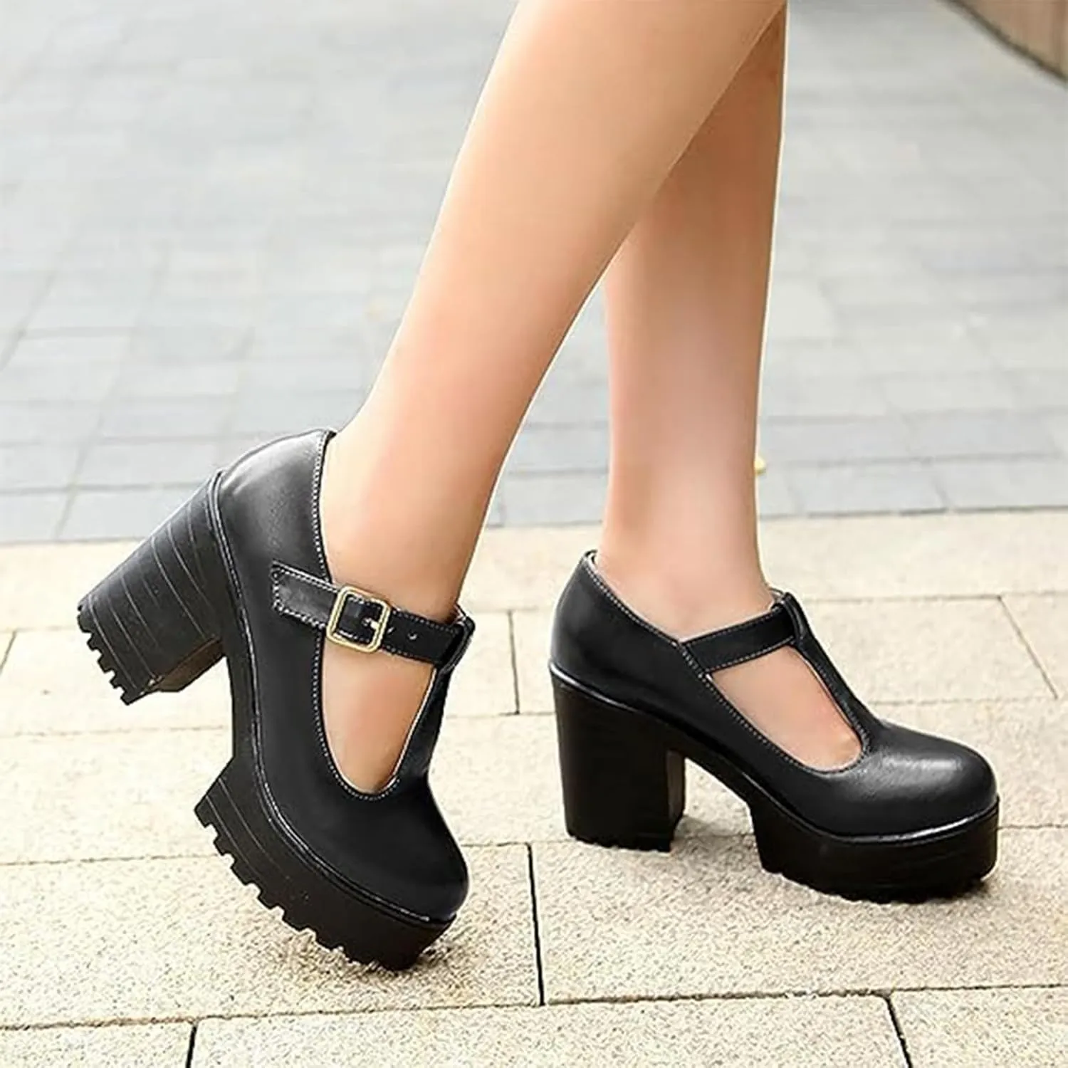 Ephirebra Women's Platform Chunky Heel Mary Jane Shoes Ankle Buckle Strap Round Toe High Heels Comfort Non-Slip Outdoor Princess Shoes Dress Shoes